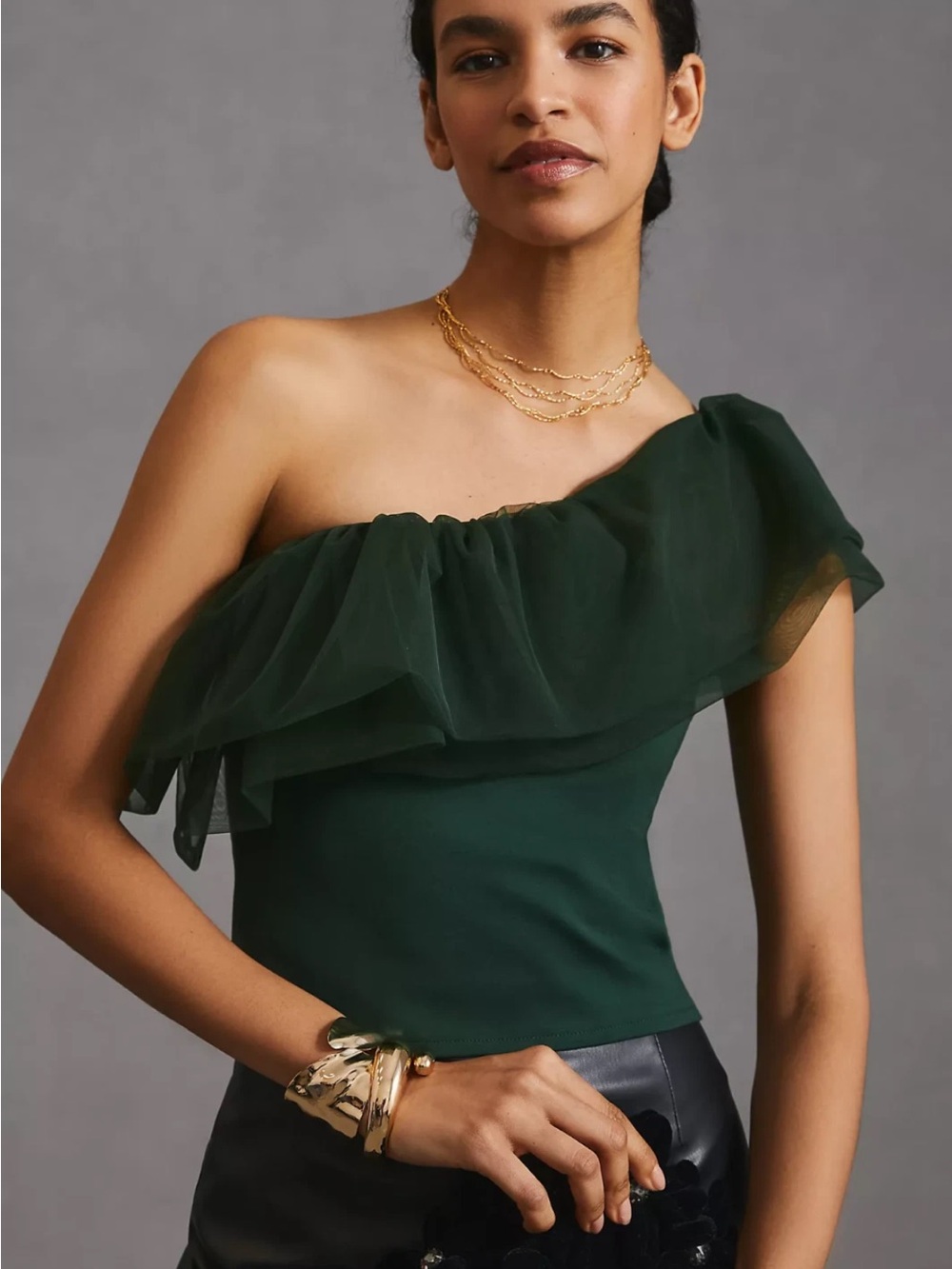 NEW! Anthropologie Sunday in Brooklyn One-Shoulder Top Green Tulle Balletcore M